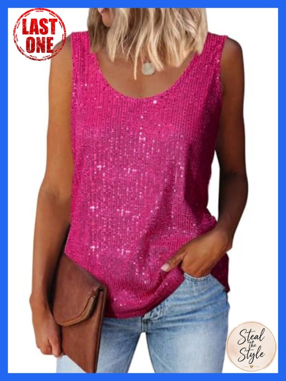 Sequin Sparkle Sleeveless Scoop Neck Tank Top Shimmer Party Blouse